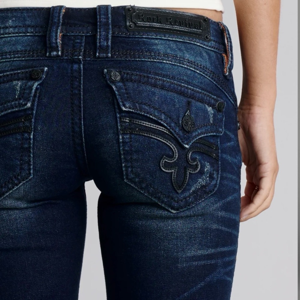Rock Revival Jen Dark Wash Fleur-de-lis Flap Pocket Skinny Jeans